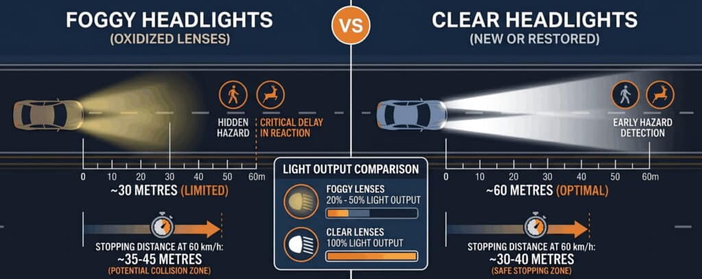 this diagram shows how yellow headlights can be a severe problem if not restored as it leads to a lower reaction time to oncoming obstacles at night