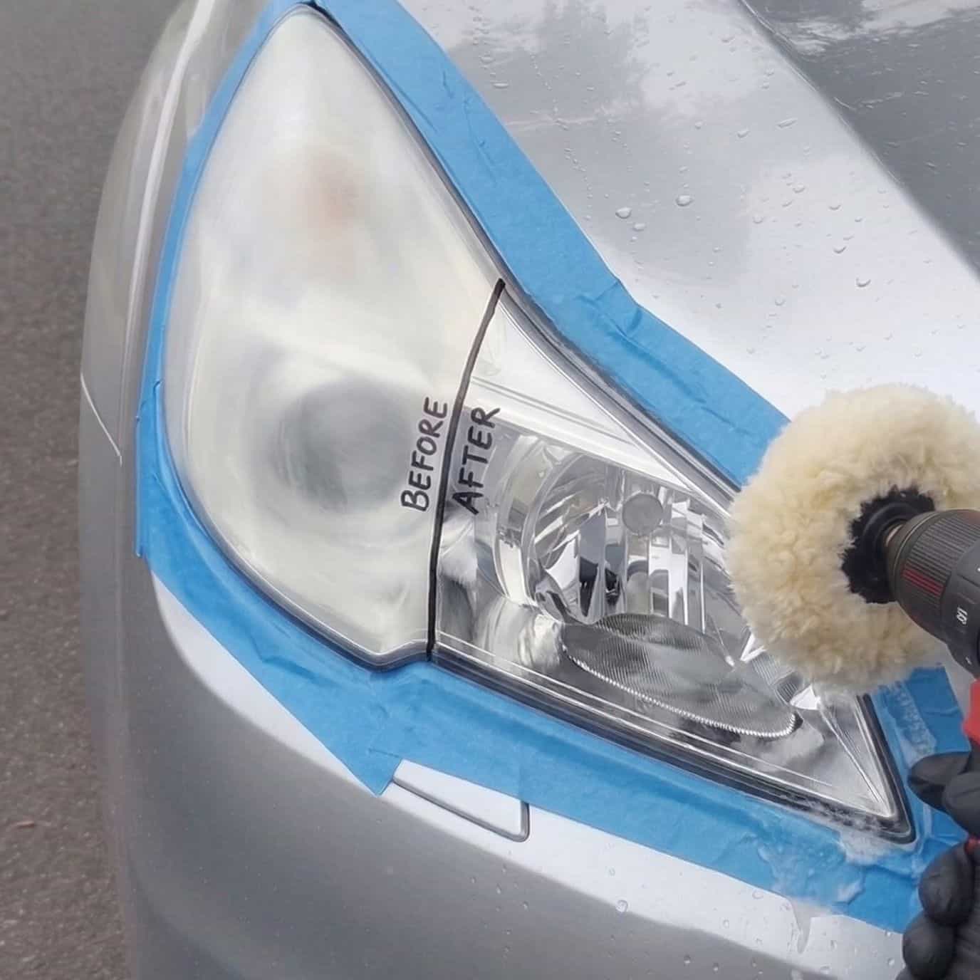 Mobile headlight restoration process showing a 2016 Subaru headlight taped off and being polished with a machine buffer